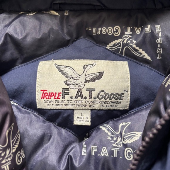 Triple FAT Goose Mens Navy Blue Down Filled Puffer Jacket Hooded Size Large - Picture 4 of 9